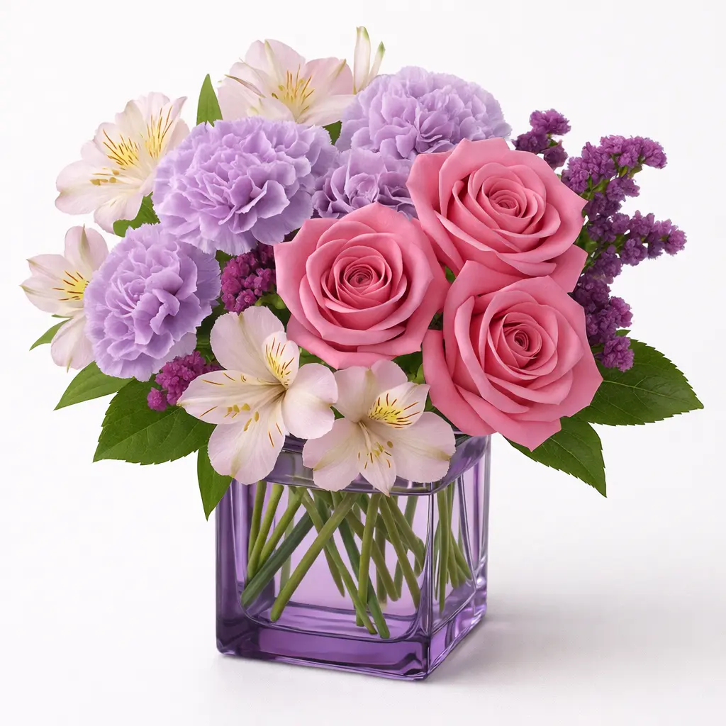 photograph of a colorful flower arrangement in a square transparent purple glass vase, featuring pink roses, lavender carnations, pale pink alstroemeria, and deep purple statice with green leaves, set against a clean white background